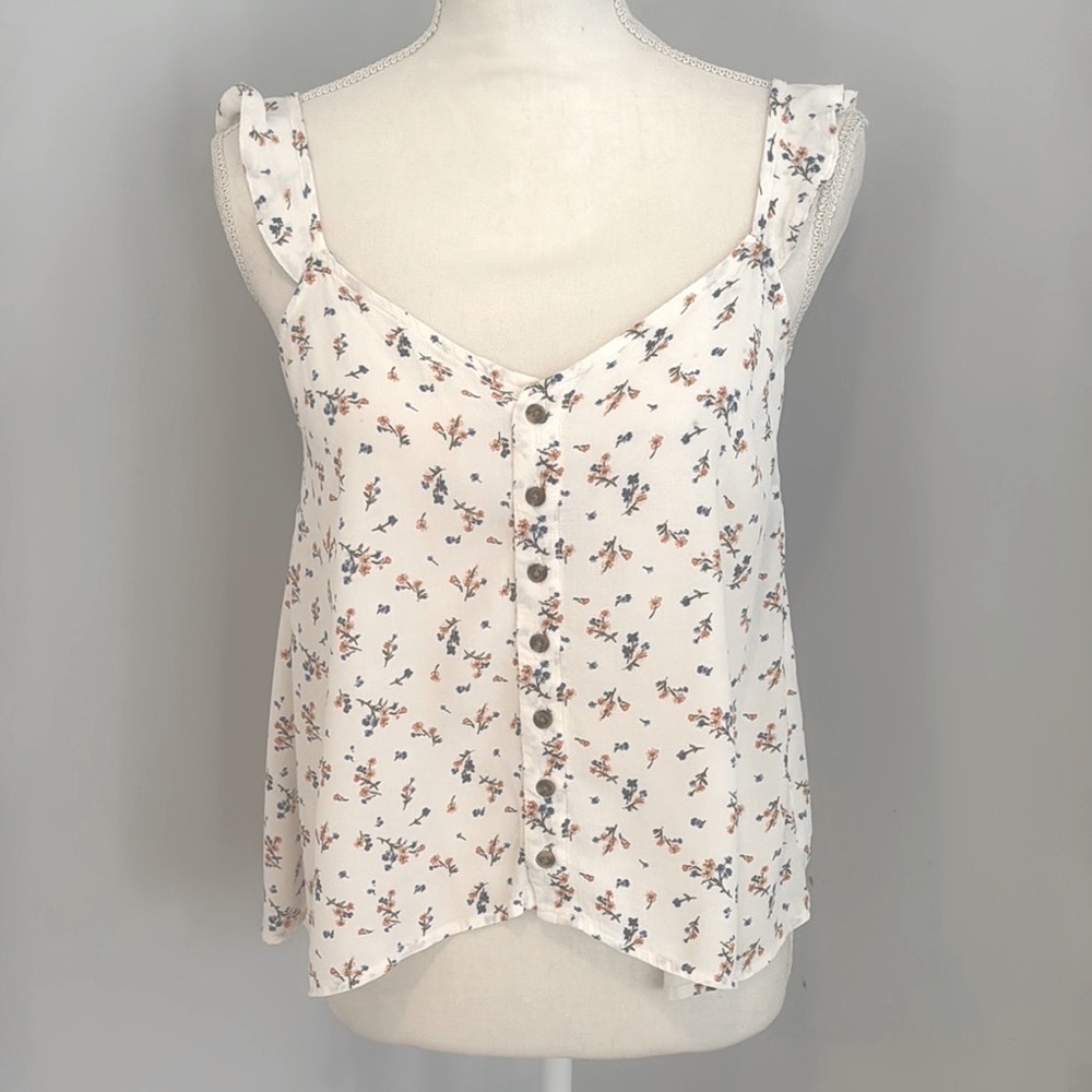 Cream Sleeveless Ruffled Blouse with Scoop Neckline